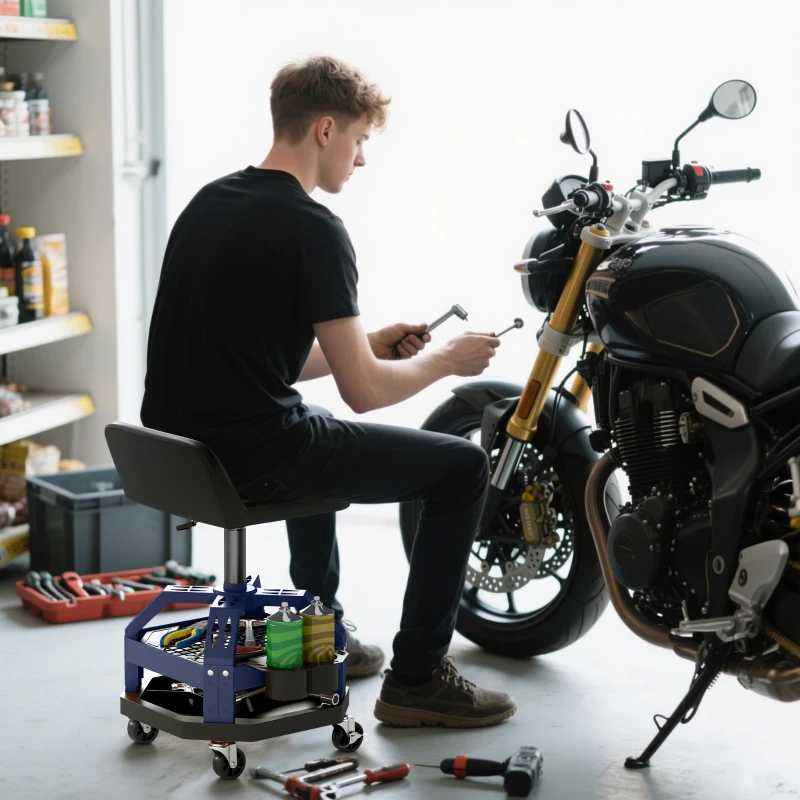 HOMCOM Rolling Creeper Garage Stool, 300 LBS Capacity Mechanic Stool with 360° Wheels, Tool Tray, Adjustable Height, Blue