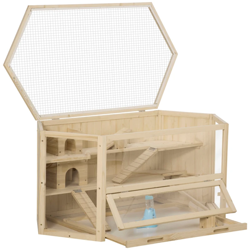 PawHut Wooden Large Hamster Cage Small Animal Exercise Play House 3 Tier with Tray, Seesaws, Water Bottle, Activity Center, Natural