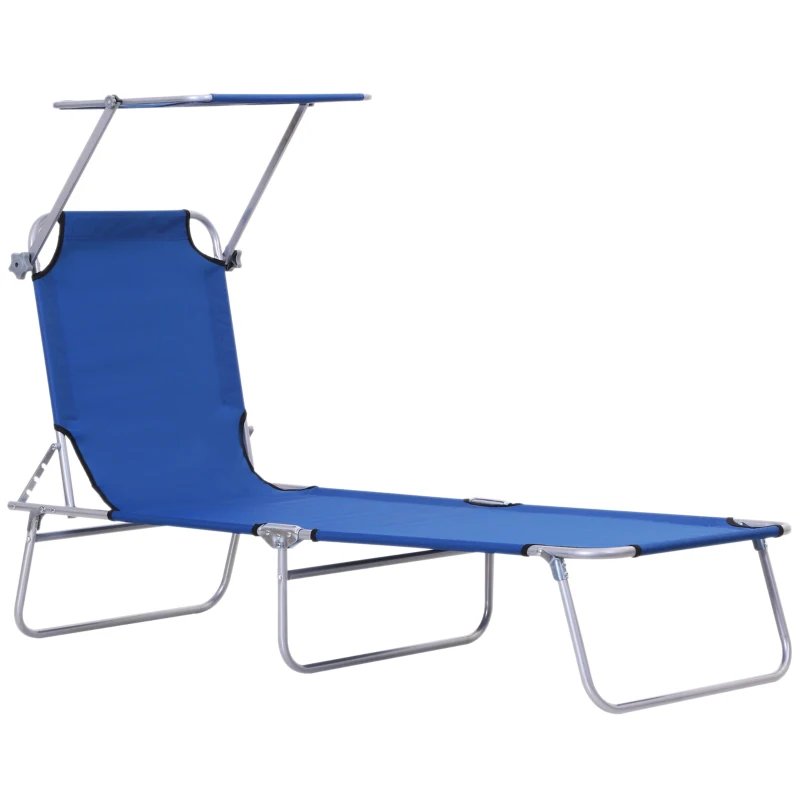 Outsunny Outdoor Lounge Chair, Adjustable Folding Chaise Lounge,  Tanning Chair with Sun Shade for Beach, Camping, Hiking, Backyard, Blue