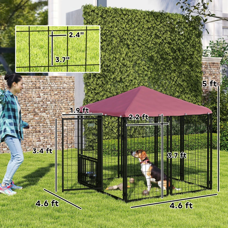 PawHut Welded Wire Outdoor Dog Kennel with 360° Rotating & 4 Levels Adjustable Bowls, Waterproof Cover, 4.6' x 4.6' x 5'