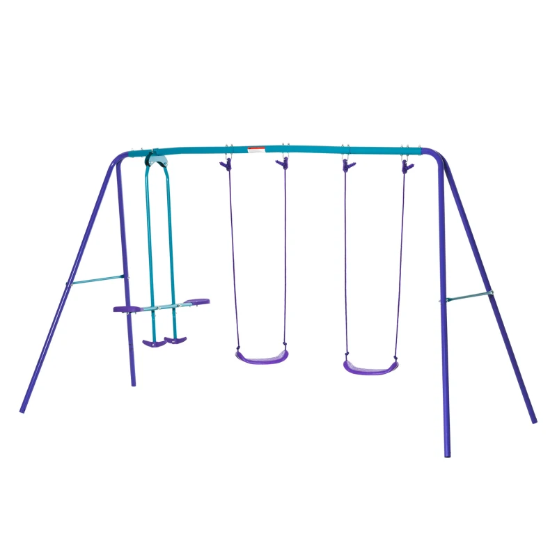 Outsunny Metal Swing Set with Glider, Two S Seats and Adjustable Height, Outdoor Heavy Duty A-Frame Kids Playset Suitable for Playground, Backyard, Purple