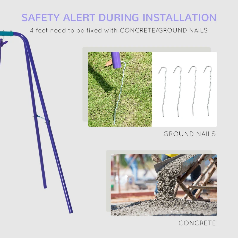 Outsunny Metal Swing Set with Glider, Two S Seats and Adjustable Height, Outdoor Heavy Duty A-Frame Kids Playset Suitable for Playground, Backyard, Purple