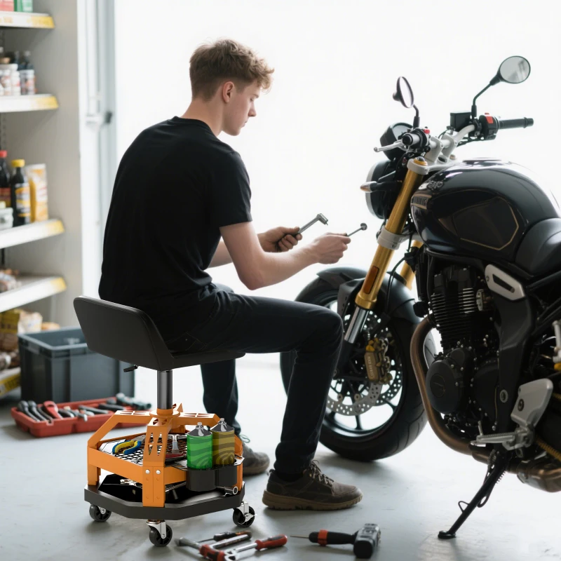 HOMCOM Rolling Creeper Garage Stool, 300 LBS Capacity Mechanic Stool with 360° Wheels, Tool Tray, Adjustable Height, Yellow