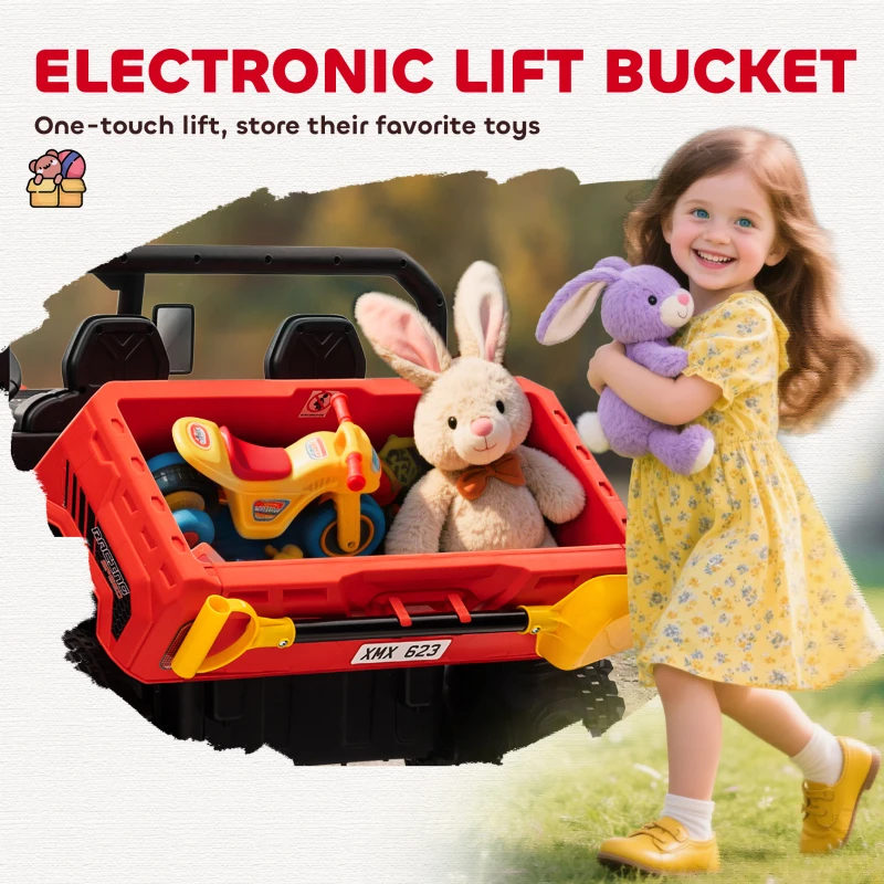 Aosom 12V Ride on Car with Electric Bucket, Two-Seater, Shovel, Remote Control, Spring Suspension, Horn, Music, Red