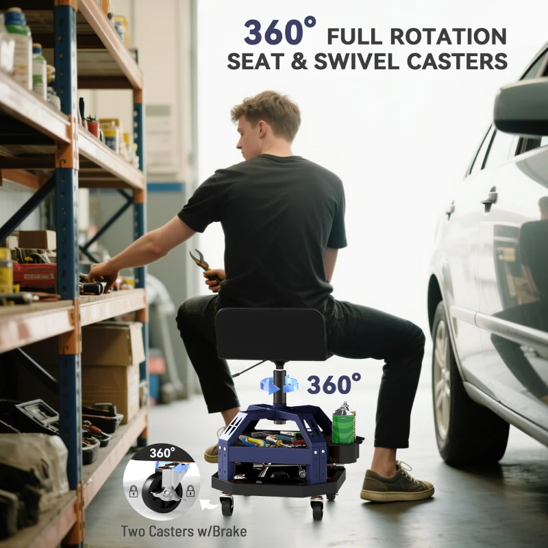 HOMCOM Rolling Creeper Garage Stool, 300 LBS Capacity Mechanic Stool with 360° Wheels, Tool Tray, Adjustable Height, Blue