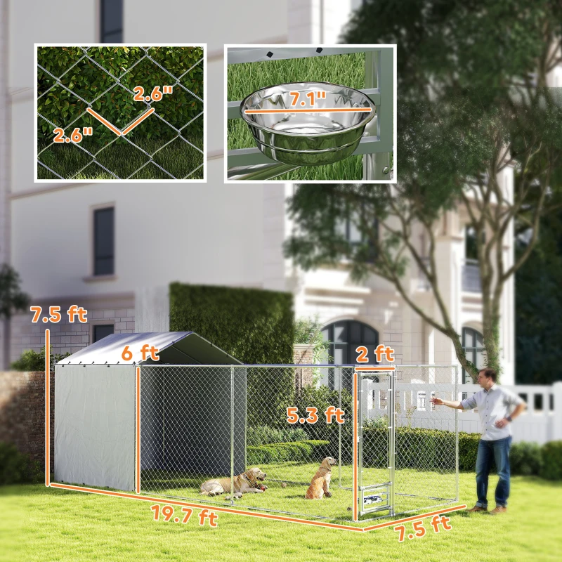 PawHut Galvanized Chain Link Large Outdoor Dog Kennel with Waterproof & UV-Resistant Cover, for M&L Dogs, 19.7' x 7.5' x 7.5'