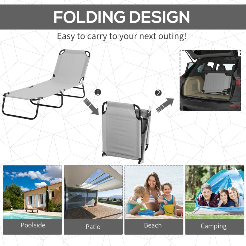 Outsunny Outdoor Lounge Chair, Adjustable Folding Chaise Lounge, Tanning Chair with Sun Shade for Beach, Camping, Hiking, Backyard, Light Grey