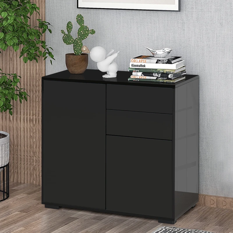 HOMCOM High Gloss Buffet Sideboard with 2 Drawers, 2 Doors and Adjustable Shelf, Kitchen Storage Cabinet with Push Open Design, Black