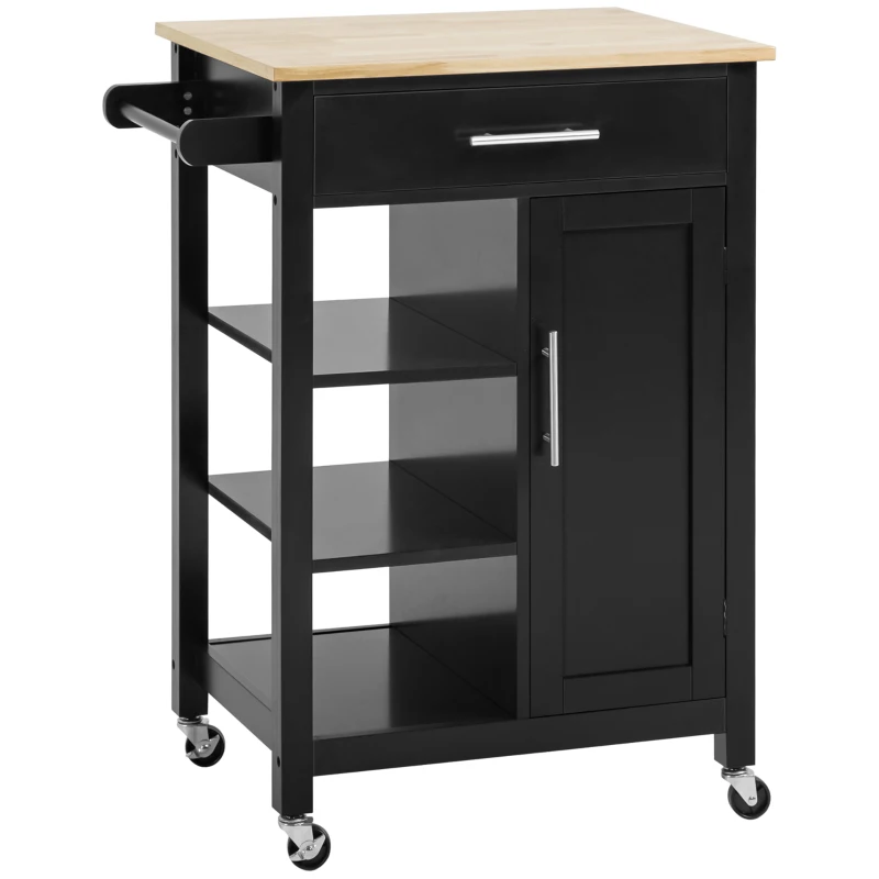 HOMCOM Kitchen Island, Compact Kitchen Cart on Wheels with Open Shelf & Storage Drawer for Dining Room, Kitchen, Black
