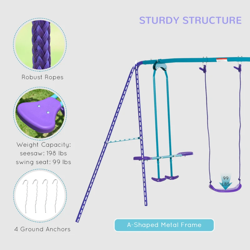 Outsunny Metal Swing Set with Glider, Two S Seats and Adjustable Height, Outdoor Heavy Duty A-Frame Kids Playset Suitable for Playground, Backyard, Purple