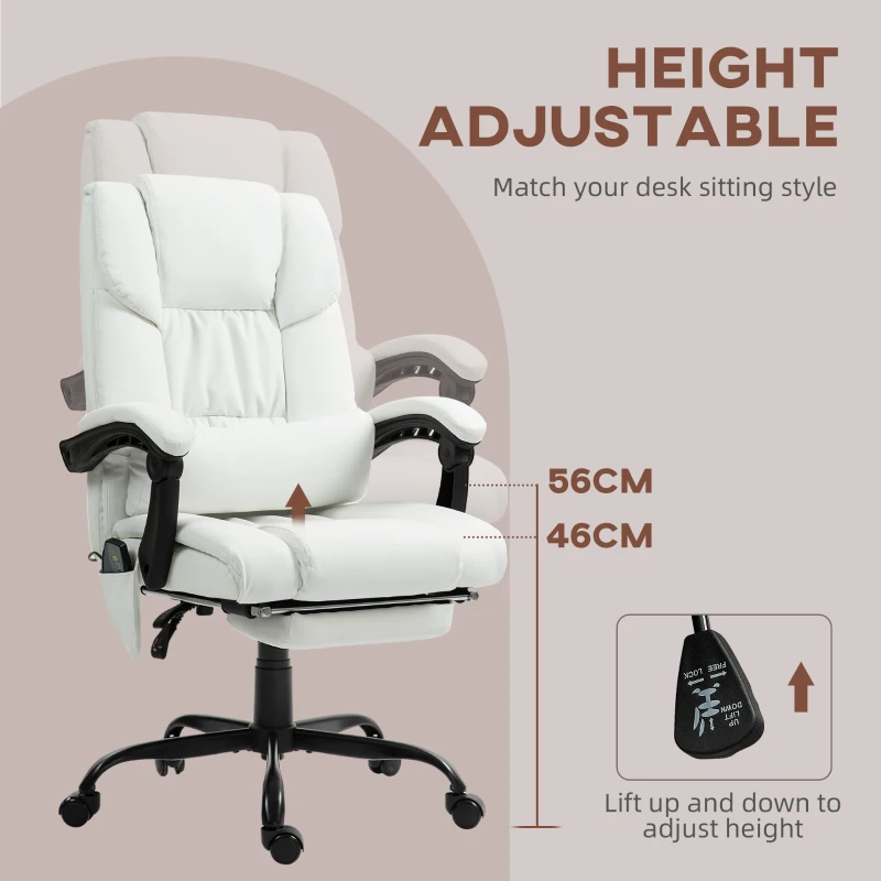 Vinsetto 6-Point Vibration Massage Chair, Height Adjustable Reclining Computer Chair with Retractable Footrest, White
