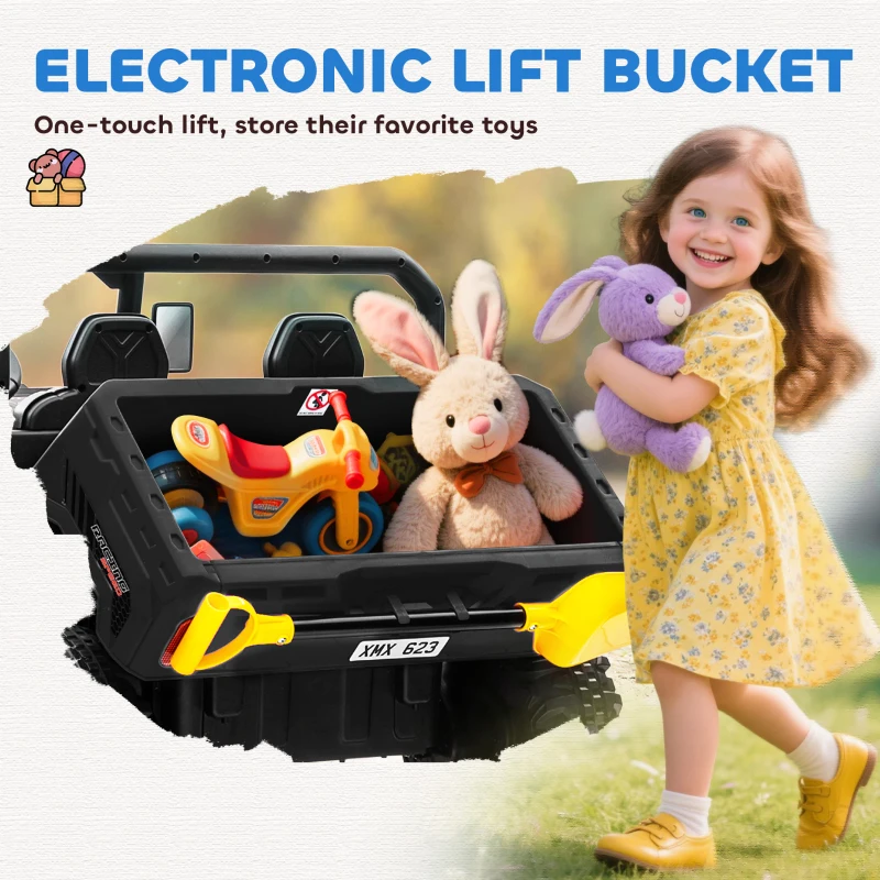 Aosom 12V Ride on Car with Electric Bucket, Two-Seater, Shovel, Remote Control, Spring Suspension, Horn, Music, Black