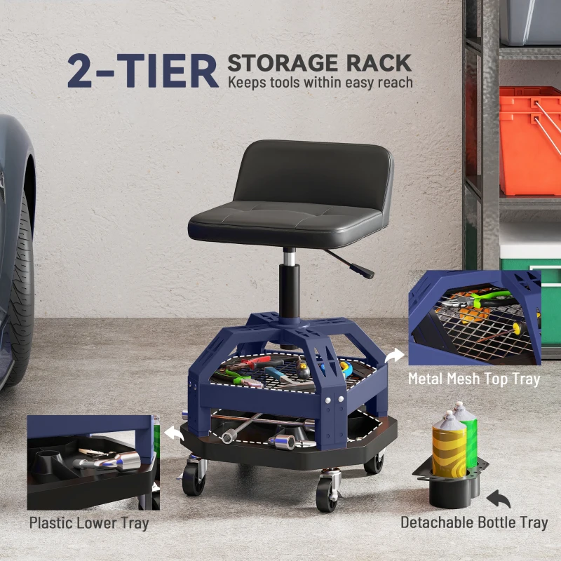 HOMCOM Rolling Creeper Garage Stool, 300 LBS Capacity Mechanic Stool with 360° Wheels, Tool Tray, Adjustable Height, Blue