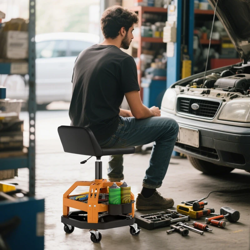 HOMCOM Rolling Creeper Garage Stool, 300 LBS Capacity Mechanic Stool with 360° Wheels, Tool Tray, Adjustable Height, Yellow