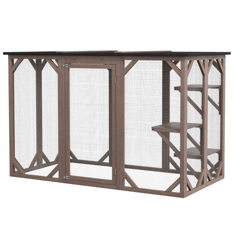 PawHut Outdoor Cat House, Catio Wooden Feral Cat Shelter, Cat Cage with Platforms, Large Enter Door, Weather Protection Asphalt Roof, 71" L, Brown