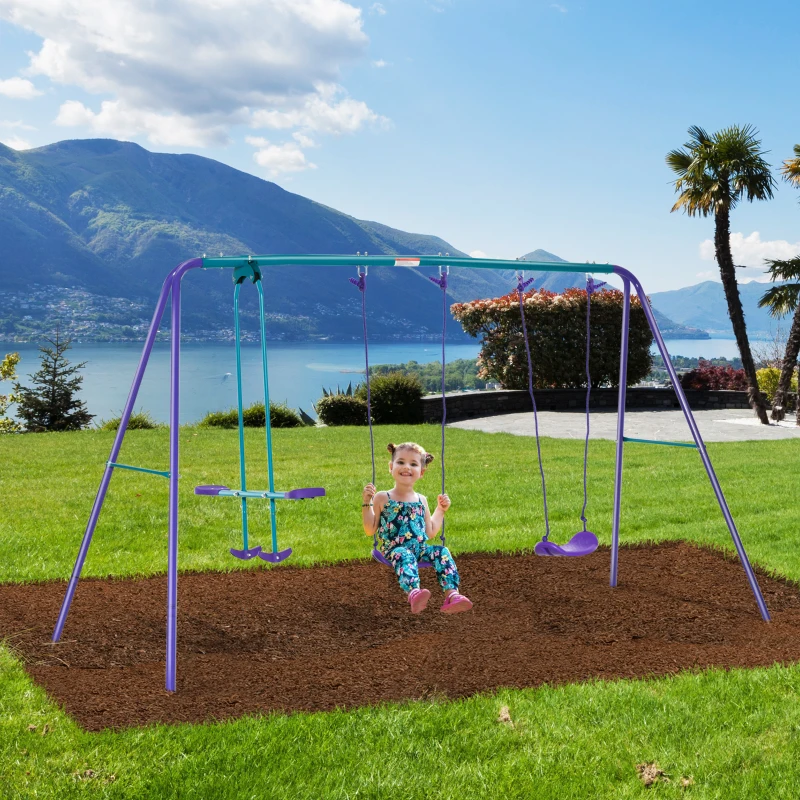 Outsunny Metal Swing Set with Glider, Two S Seats and Adjustable Height, Outdoor Heavy Duty A-Frame Kids Playset Suitable for Playground, Backyard, Purple