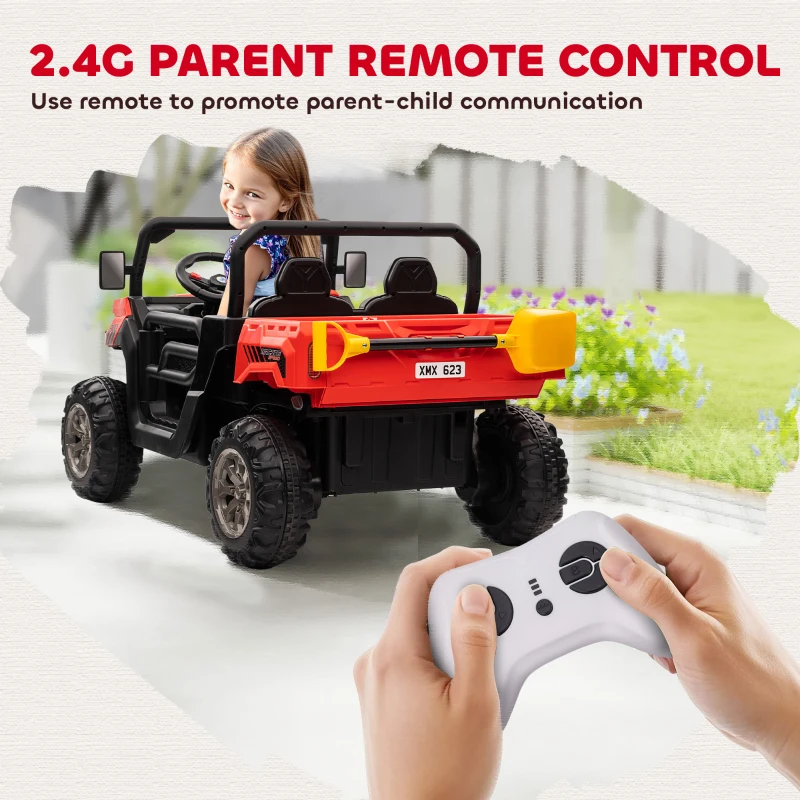 Aosom 12V Ride on Car with Electric Bucket, Two-Seater, Shovel, Remote Control, Spring Suspension, Horn, Music, Red