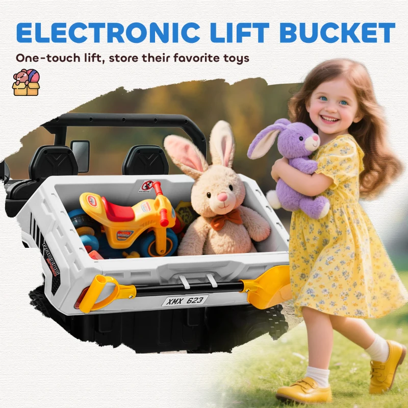 Aosom 12V Ride on Car with Electric Bucket, Two-Seater, Shovel, Remote Control, Spring Suspension, Horn, Music, White