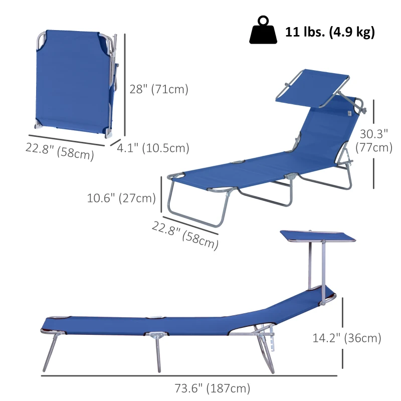 Outsunny Outdoor Lounge Chair, Adjustable Folding Chaise Lounge,  Tanning Chair with Sun Shade for Beach, Camping, Hiking, Backyard, Blue