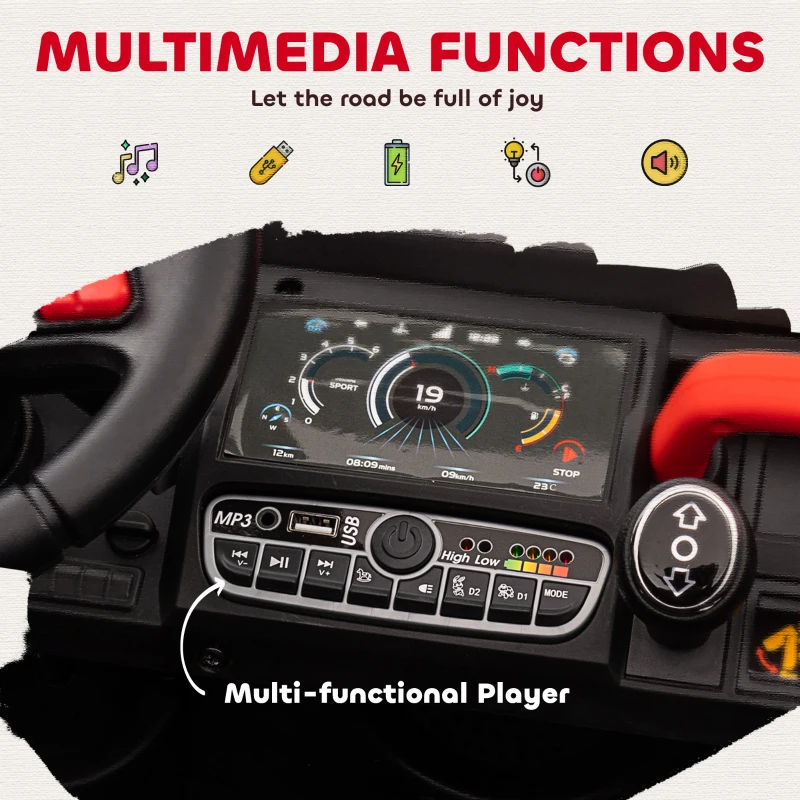 Aosom 12V Ride on Car with Electric Bucket, Two-Seater, Shovel, Remote Control, Spring Suspension, Horn, Music, Red