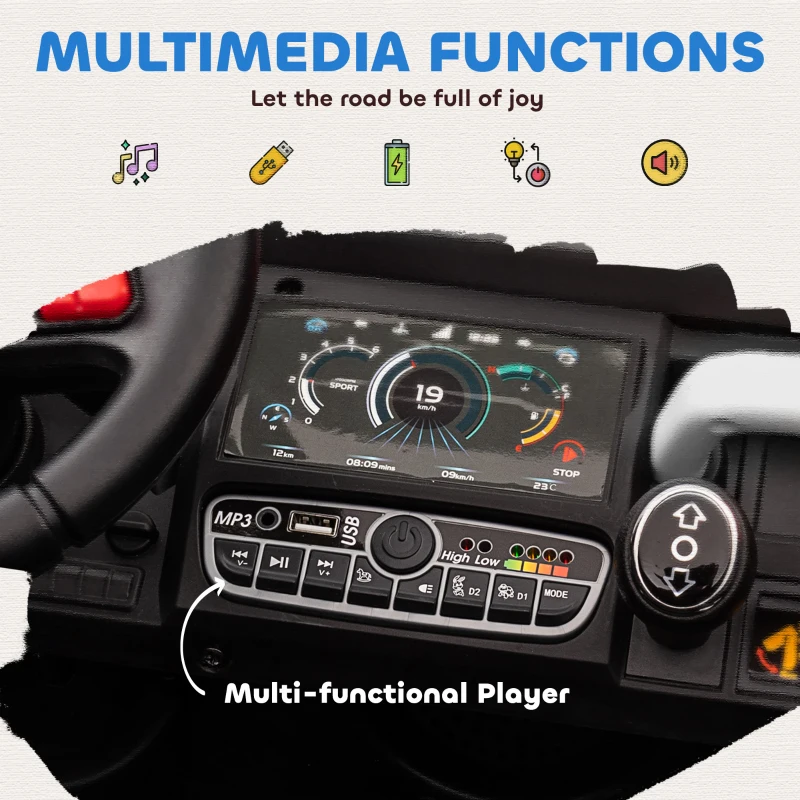 Aosom 12V Ride on Car with Electric Bucket, Two-Seater, Shovel, Remote Control, Spring Suspension, Horn, Music, White