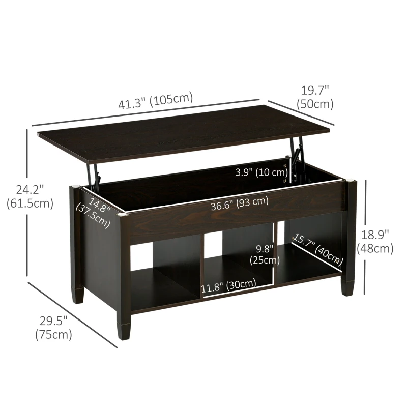 HOMCOM Lift Top Coffee Table, Modern Center Table with Storage Shelves and Hidden Compartment for Living Room, 41" L, Espresso