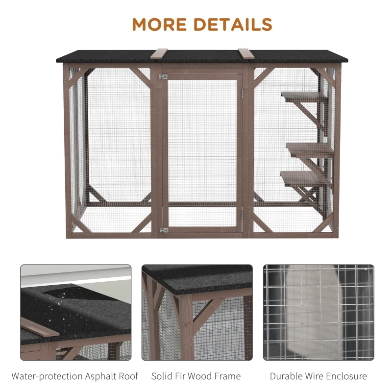 PawHut Outdoor Cat House, Catio Wooden Feral Cat Shelter, Cat Cage with Platforms, Large Enter Door, Weather Protection Asphalt Roof, 71" L, Brown