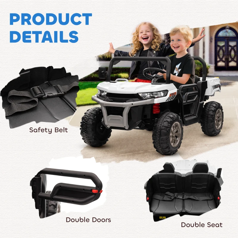 Aosom 12V Ride on Car with Electric Bucket, Two-Seater, Shovel, Remote Control, Spring Suspension, Horn, Music, White