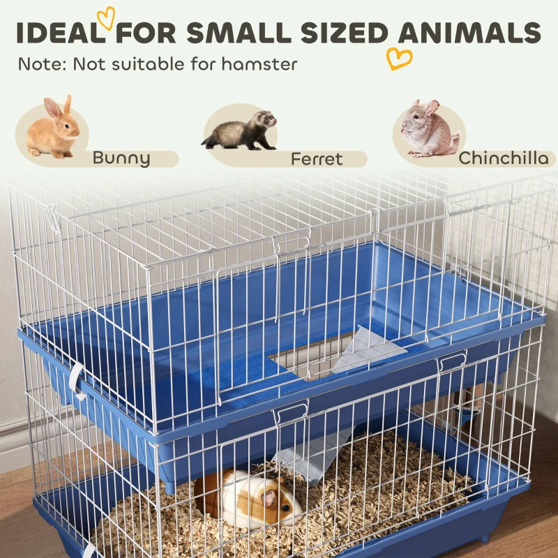 PawHut 2-Tier Guinea Pig Cage, Ferret Cage, Chinchilla Cage, Small Animal Cage Indoor with Dish and Bottle, 2 Doors, Deep Bottoms, Ramp, 28", Blue