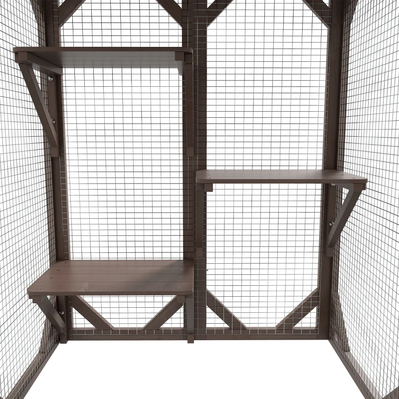 PawHut Outdoor Cat House, Catio Wooden Feral Cat Shelter, Cat Cage with Platforms, Large Enter Door, Weather Protection Asphalt Roof, 71" L, Brown