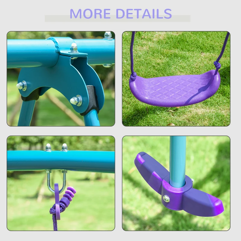 Outsunny Metal Swing Set with Glider, Two S Seats and Adjustable Height, Outdoor Heavy Duty A-Frame Kids Playset Suitable for Playground, Backyard, Purple