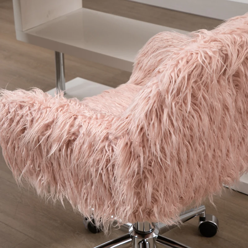 Vinsetto Faux Fur Desk Chair, Swivel Vanity Chair with Adjustable Height and Wheels for Office, Bedroom, Pink