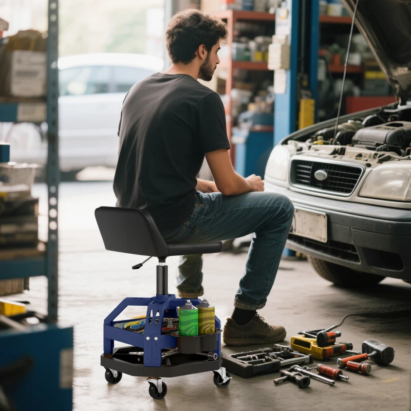 HOMCOM Rolling Creeper Garage Stool, 300 LBS Capacity Mechanic Stool with 360° Wheels, Tool Tray, Adjustable Height, Blue