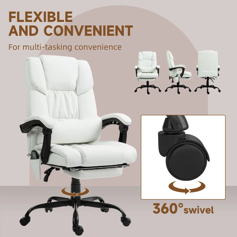 Vinsetto 6-Point Vibration Massage Chair, Height Adjustable Reclining Computer Chair with Retractable Footrest, White