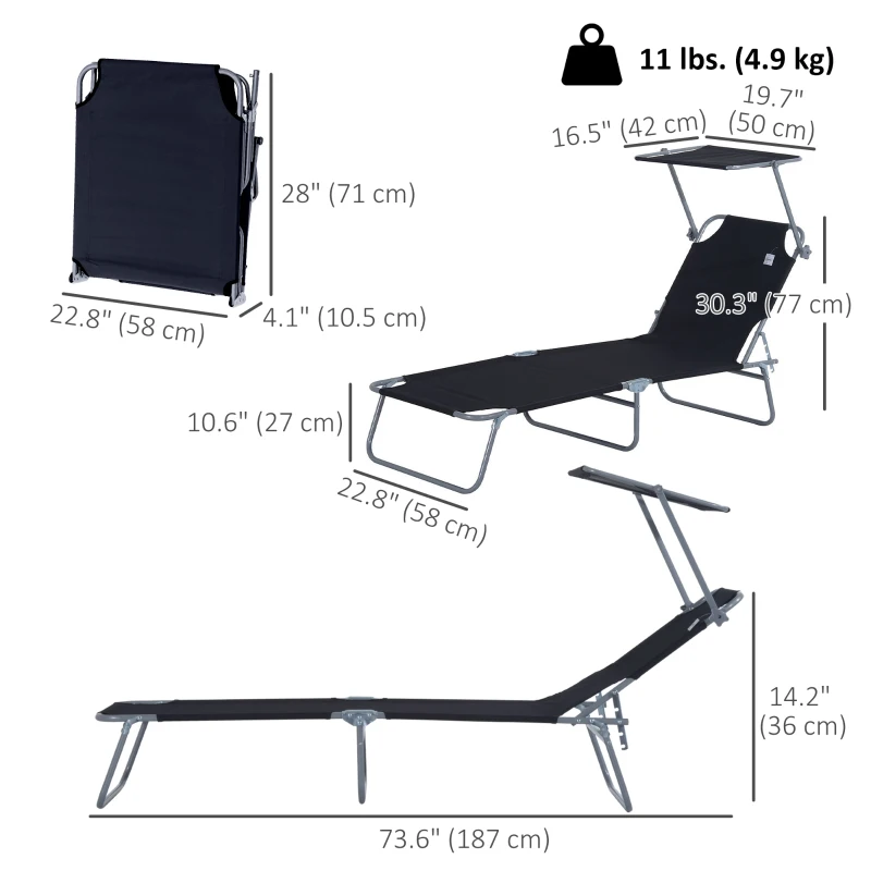 Outsunny Outdoor Lounge Chair, Adjustable Folding Chaise Lounge, Tanning Chair with Sun Shade for Beach, Camping, Hiking, Backyard, Black