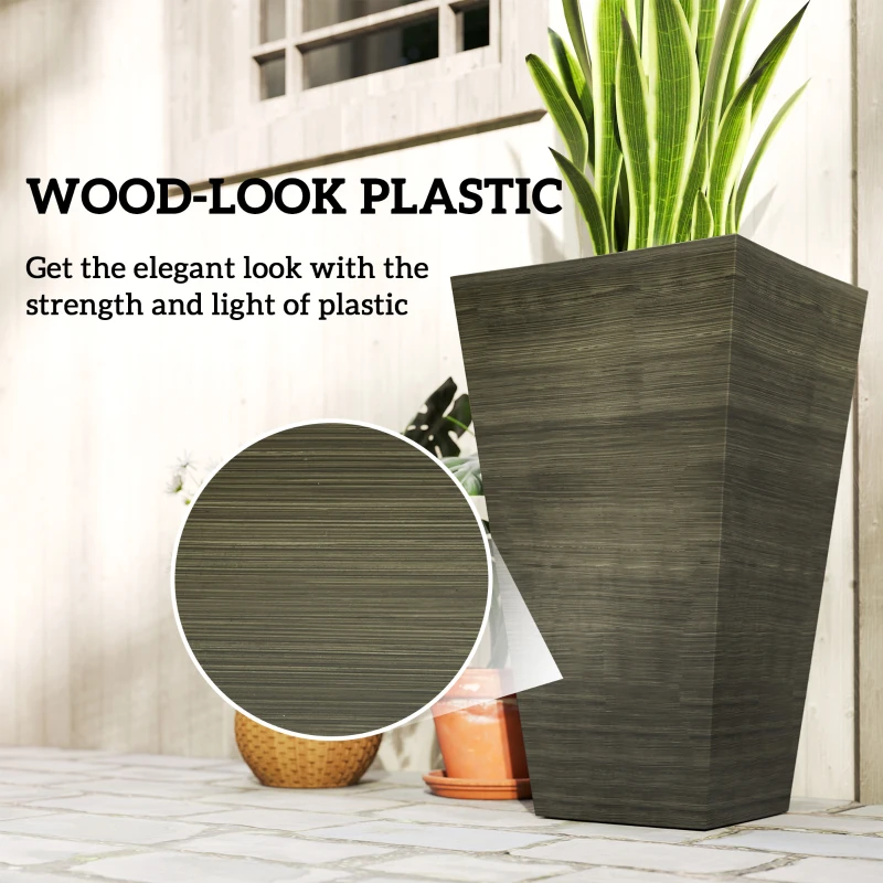 Outsunny Set of 3 Tall Planters, 28" Outdoor Planter w/ Drainage Holes, Faux Wood Plastic Flower Pots, Dark Brown