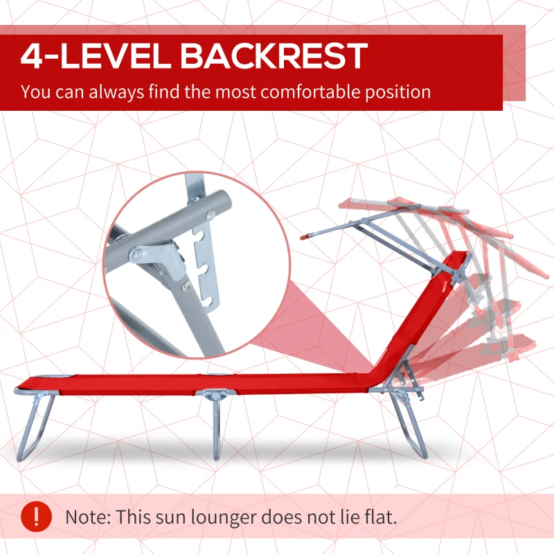 Outsunny Outdoor Lounge Chair, Adjustable Folding Chaise Lounge, Tanning Chair with Sun Shade for Beach, Camping, Hiking, Backyard, Red