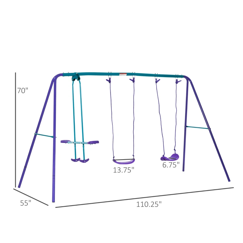 Outsunny Metal Swing Set with Glider, Two S Seats and Adjustable Height, Outdoor Heavy Duty A-Frame Kids Playset Suitable for Playground, Backyard, Purple