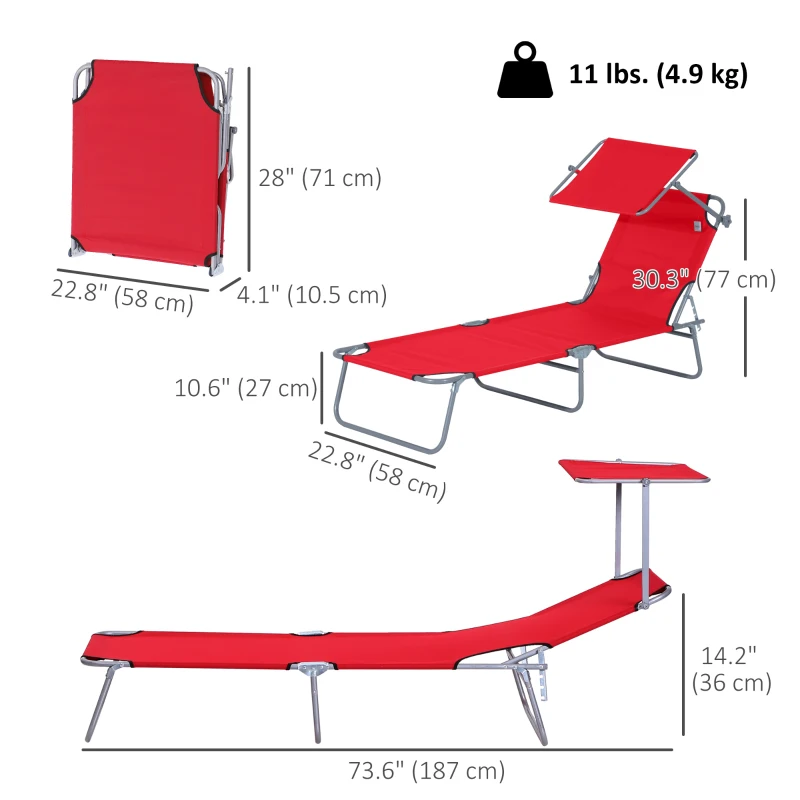 Outsunny Outdoor Lounge Chair, Adjustable Folding Chaise Lounge, Tanning Chair with Sun Shade for Beach, Camping, Hiking, Backyard, Red