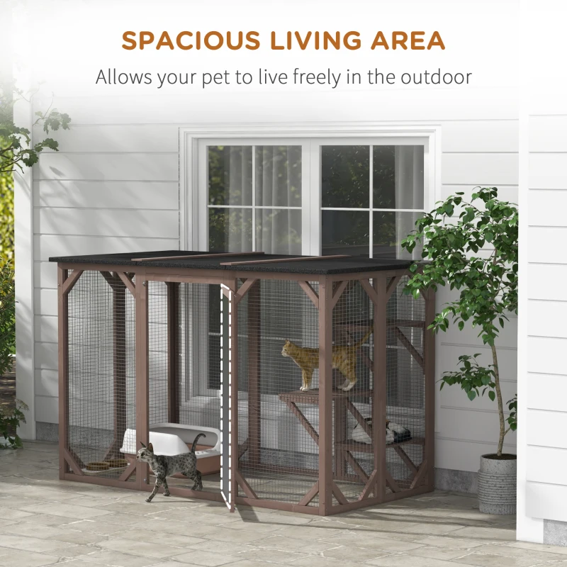 PawHut Outdoor Cat House, Catio Wooden Feral Cat Shelter, Cat Cage with Platforms, Large Enter Door, Weather Protection Asphalt Roof, 71" L, Brown
