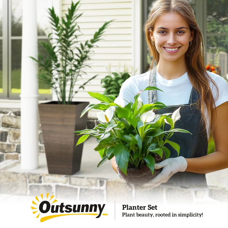 Outsunny Set of 3 Tall Planters, 28" Outdoor Planter w/ Drainage Holes, Faux Wood Plastic Flower Pots, Brown