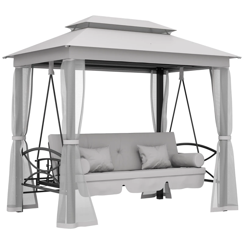 Outsunny 3 Person Outdoor Patio Daybed, 3 in 1 Canopy Gazebo Swing Chair Garden Hammock with Mesh Mosquito and Sun Shade, Grey