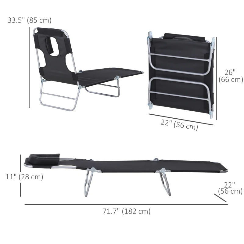 Outsunny Outdoor Lounge Chair, Adjustable Folding Chaise Lounge with Face Cavity, Tanning Chair Sun Lounger Bed Recliner, Black
