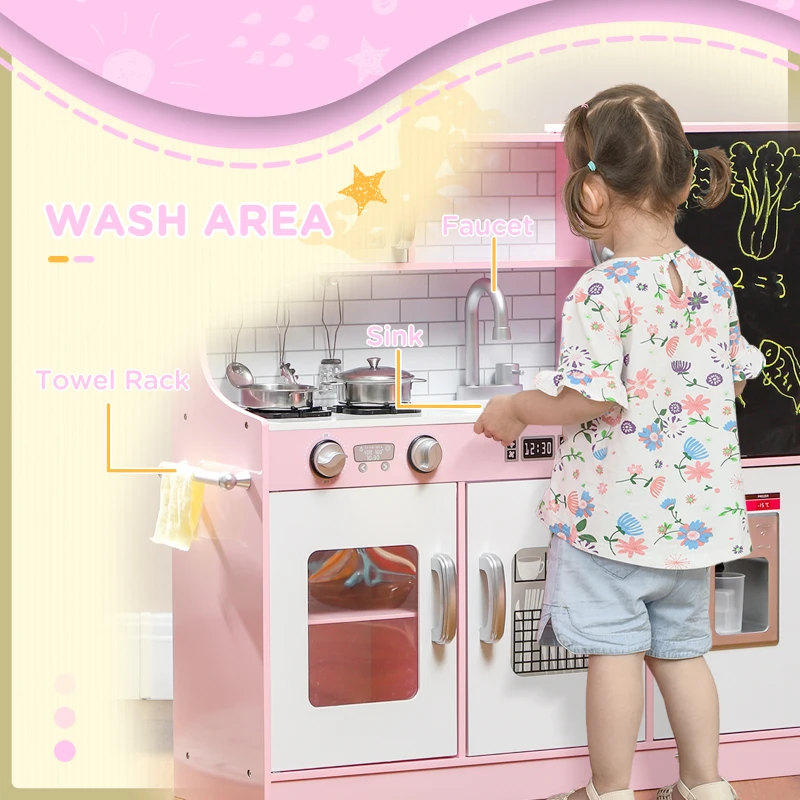 Qaba Pretend Play Kitchen, Kids Kitchen Playset with Play Phone, Chalkboard, Towel Rack & Ice Maker for 3-8 Years Pink