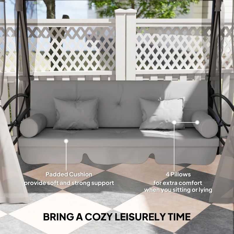 Outsunny 3 Person Outdoor Patio Daybed, 3 in 1 Canopy Gazebo Swing Chair Garden Hammock with Mesh Mosquito and Sun Shade, Grey