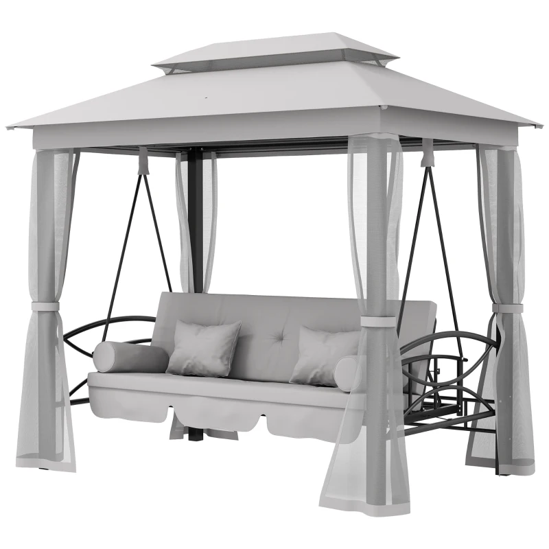 Outsunny 3 Person Outdoor Patio Daybed, 3 in 1 Canopy Gazebo Swing Chair Garden Hammock with Mesh Mosquito and Sun Shade, Grey