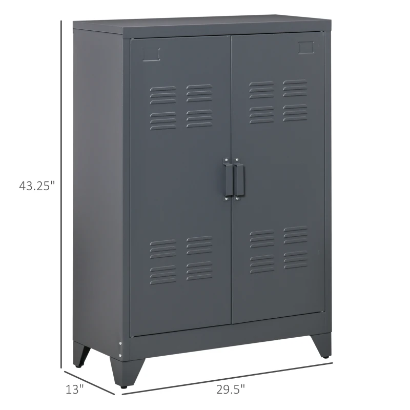 HOMCOM Industrial Storage Cabinet, Steel Garage Cabinet with Double Doors and Adjustable Shelves, Gray