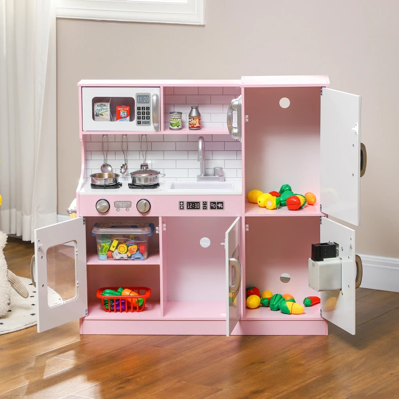 Qaba Pretend Play Kitchen, Kids Kitchen Playset with Play Phone, Chalkboard, Towel Rack & Ice Maker for 3-8 Years Pink