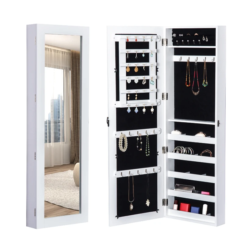 HOMCOM White Mirrored Jewellery Cabinet Hanging Wall Mount Real Glass Mirror Locked, White