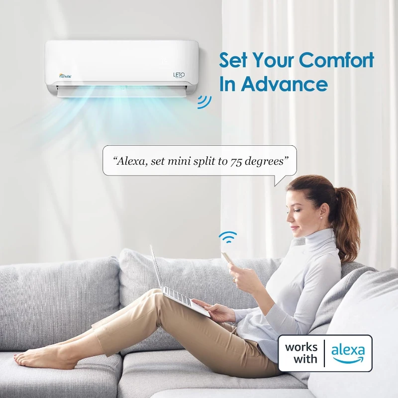 Senville LETO Series 18000 BTU Mini Split Air Conditioner Heat Pump, Alexa Enabled, Installation Kit, Remote Control, AHRI Certified, White